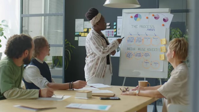 A woman gives a presentation in an office, illustrating a teacher transitioning to corporate training to help businesses improve sales.