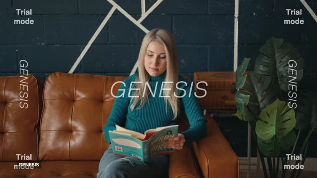A woman reading on a couch, demonstrating the Genesis film emulation plugin applied to the footage.