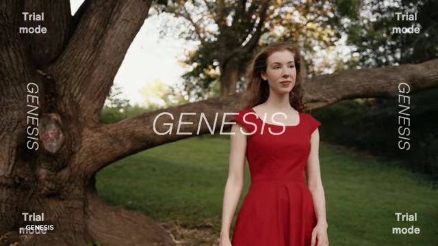 A woman in a park with a red dress, demonstrating the Genesis film emulation plugin applied to the footage.