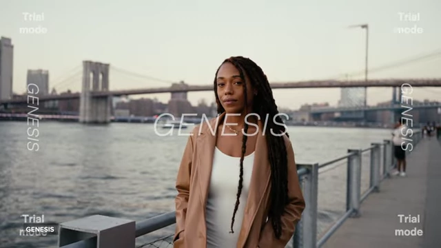 A woman by a river with a bridge in the background, demonstrating the Genesis film emulation plugin applied to the footage.