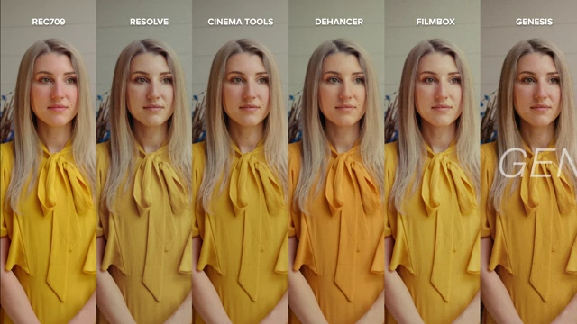 A six-panel comparison of the same scene, showing the original Rec. 709, and applications of Resolve's Film Look Creator, Dehancer, Filmbox, and Genesis, highlighting variations in color and tone.