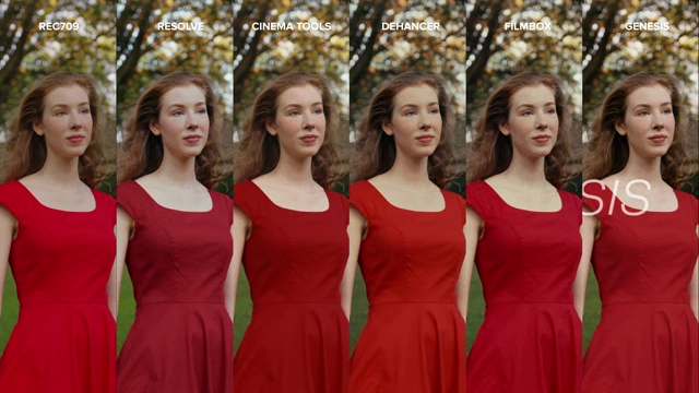 A six-panel comparison focusing on the skin tones and red dress in a scene, demonstrating how different film emulation plugins (Rec. 709, Resolve, Cinema Tools, Dehancer, Filmbox, Genesis) process color.
