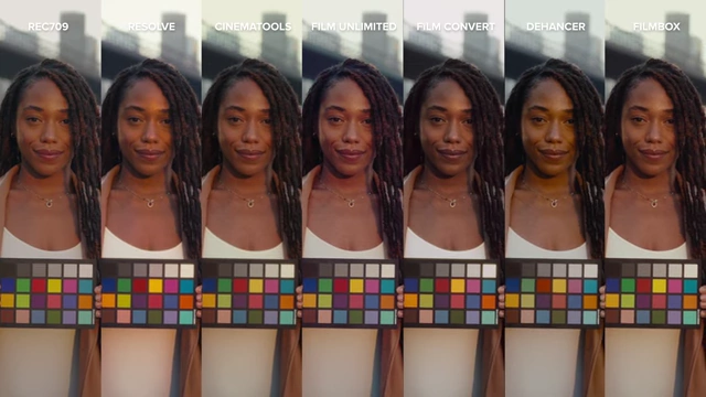 Comparison of various film emulation methods from a previous video, showing differences in skin tone and color across several plugins.