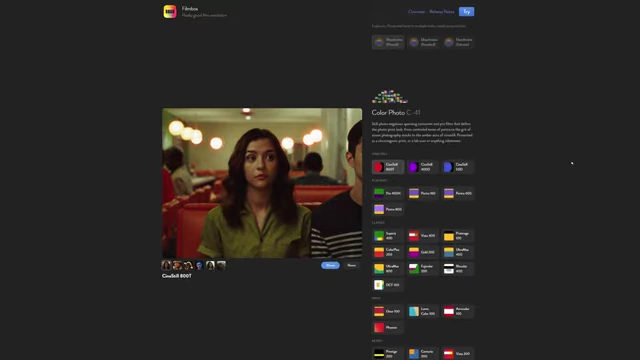 Filmbox plugin interface, showcasing its extensive color photo C-41 emulations and effects options.