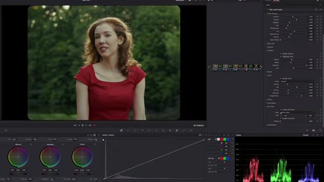 DaVinci Resolve's Film Look Creator interface with a scene, demonstrating its essential film emulation effects and various controls.
