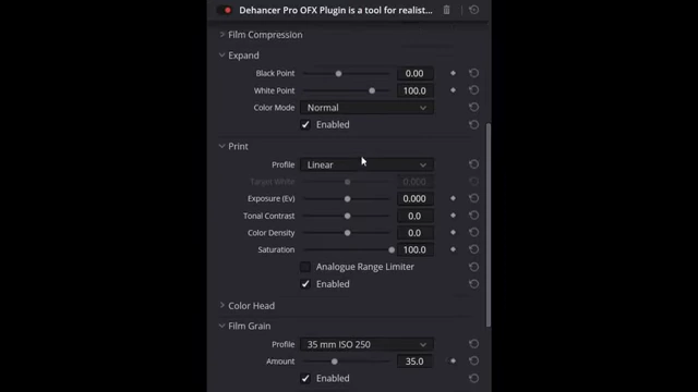 Dehancer Pro OFX Plugin interface, displaying film grain and print settings.