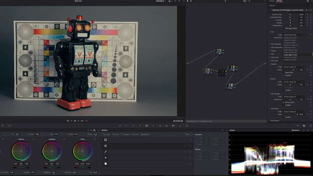 A shot of a color chart and robot within DaVinci Resolve, illustrating color shifts when different Dehancer film stock presets are applied.