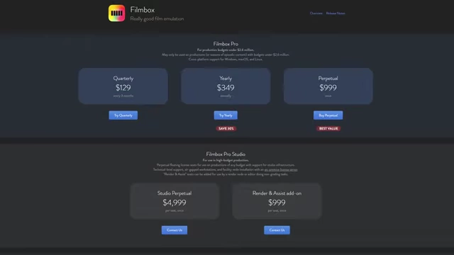 Filmbox Pro pricing structure, including quarterly, yearly, and perpetual licenses, as well as studio options.