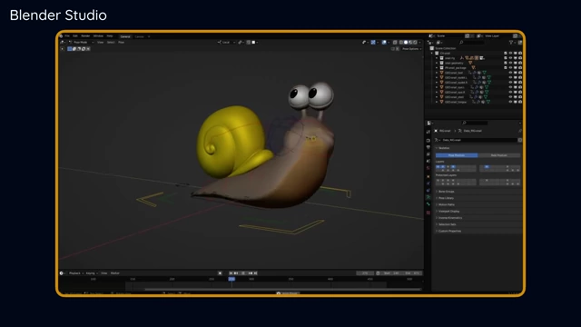 Blender Studio: 3D-Charakter-Rig einer Schnecke, die auf dem Boden kriecht