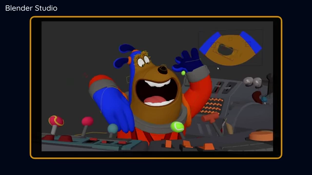 Blender Studio: Charakter-Rig eines Cartoon-Hundes in einem Raumschiffcockpit