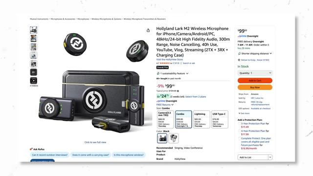 Amazon listing showing the HollyLand Lark M2 wireless microphone kit for $99.
