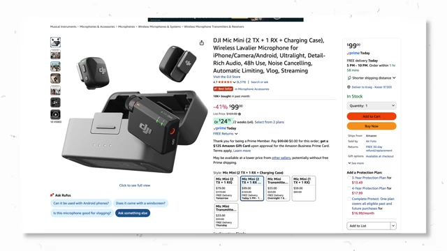 Amazon listing showing the DJI Mic Mini with two transmitters, one receiver, and charging case for $99.