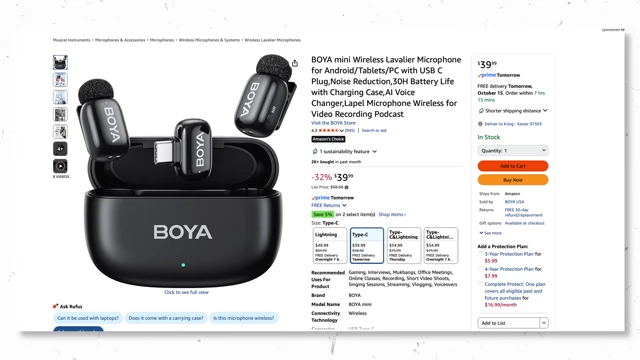 Amazon listing showing the Boya Mini wireless microphone with charging case for $39.99.