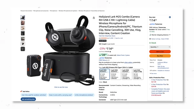 Amazon listing showing the HollyLand Lark M2S wireless microphone kit for $114.