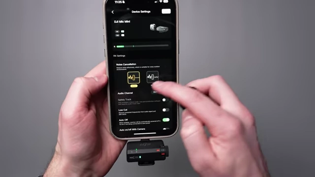 The DJI Mimo app interface on a smartphone showing noise cancellation and audio channel settings.