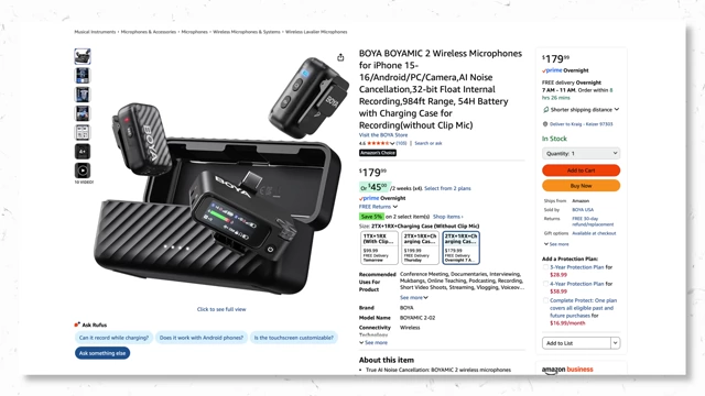 Amazon listing showing the Boya Mic 2 wireless microphone with charging case for $179.99.