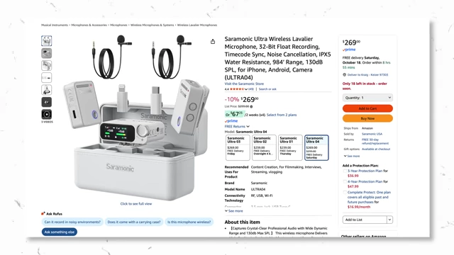 Amazon listing showing the Saramonic Ultra wireless lavalier microphone kit with two lavalier mics for $269.