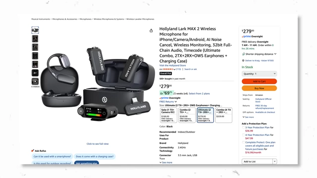 Amazon listing showing the HollyLand Lark MAX 2 wireless microphone kit with OWS headphones for $279.