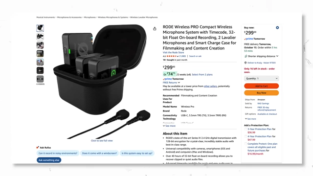 Amazon listing showing the Rode Wireless Pro compact wireless microphone system for $299.