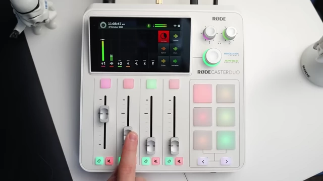 The Rodecaster Duo audio interface displaying wireless microphone settings.