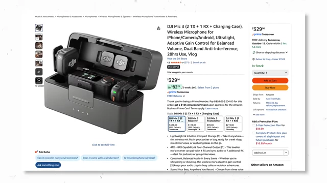 Amazon listing showing the DJI Mic 3 wireless microphone kit with charging case for $329.