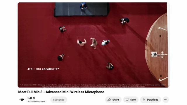 A promotional image for DJI Mic 3 showing multiple people being recorded, emphasizing "4TX + 8RX CAPABILITY".
