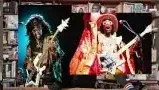 A visual comparison of Bootsy Collins on stage with a similar 1970s black guitarist from the film.