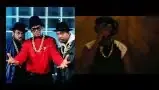 A side-by-side comparison of Run-DMC and the rapper in the film who resembles DMC.