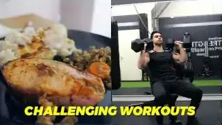 A meal with salmon and vegetables alongside a person doing shoulder presses