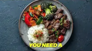 A plate of food with steak, rice, and mixed vegetables, emphasizing a sustainable approach