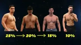 Series of four images showing the speaker's body at 25%, 20%, 15%, and 10% body fat