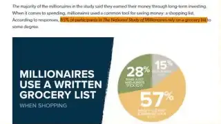 A graphic states "MILLIONAIRES USE A WRITTEN GROCERY LIST WHEN SHOPPING" with a pie chart showing 85% of millionaires use one.