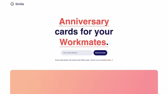 Screenshot of Smile website, an anniversary card service for workmates
