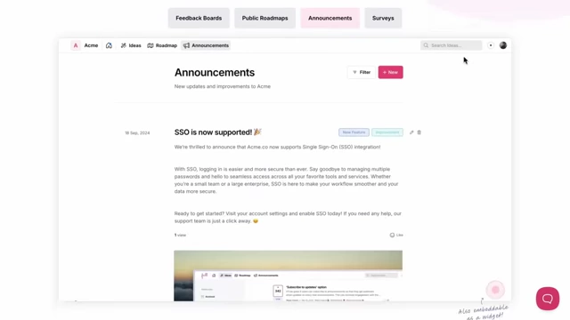 Screenshot of Frill.co's announcements interface, a customer feedback tool