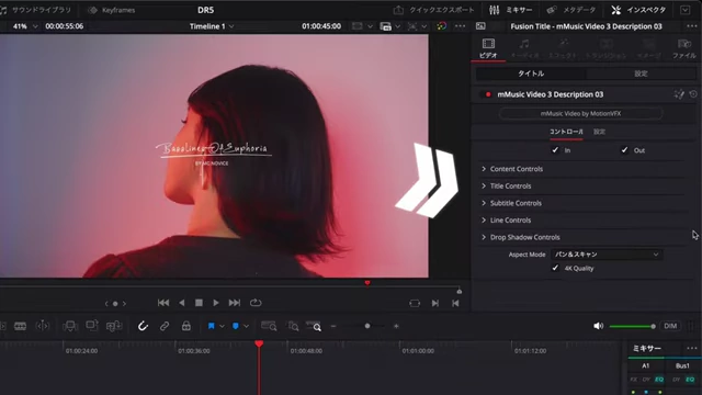Customizing text content, position, and other parameters for MotionVFX plugins in the Inspector panel.