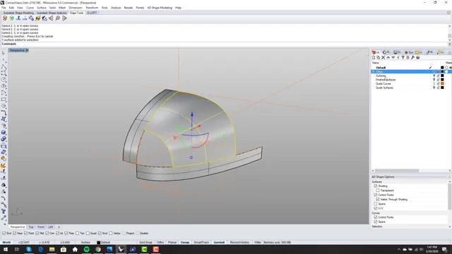 The first four-sided surface created for the top half of the airliner nose, based on guide curves.