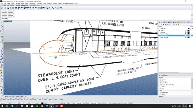 The Convair 240 3-view drawing with initial guide curves laid out in CAD software.