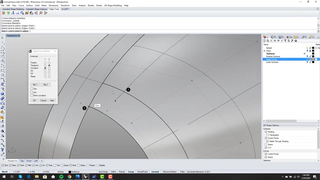 Creating a blend curve with curvature continuity on one side and tangency across the centerline.