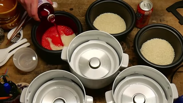 Pouring vibrant red Faygo Red Pop into a rice cooker with rice.