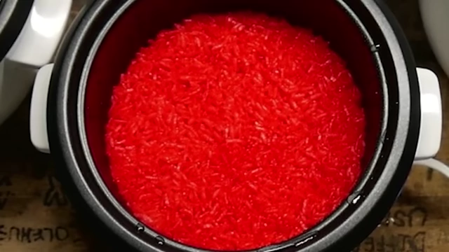 Intensely red cooked rice from Faygo Red Pop.
