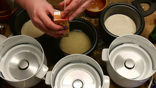 Pouring Yoo-hoo chocolate drink into rice.