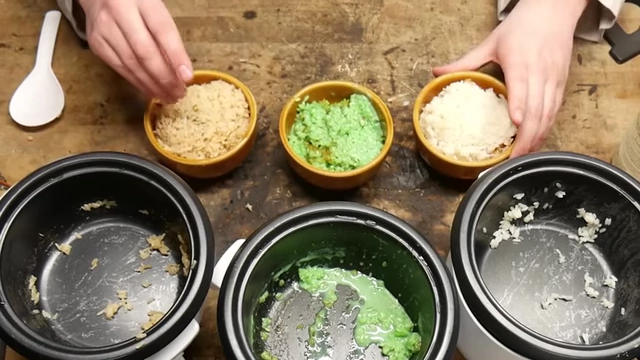 Overview of the three cooked rice dishes from the final round: cigarette water, Shamrock Shake, and Malort.