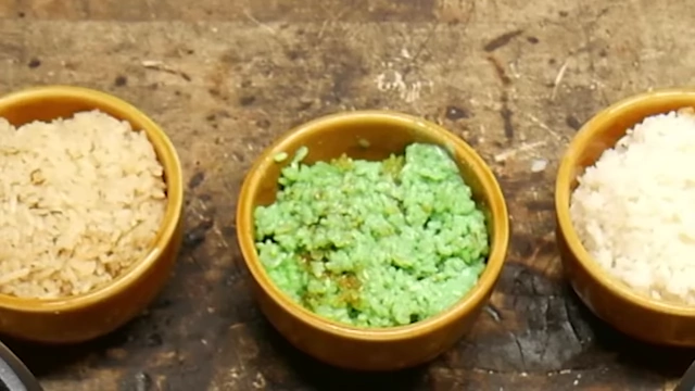 Close-up of the chunky, green Shamrock Shake rice.