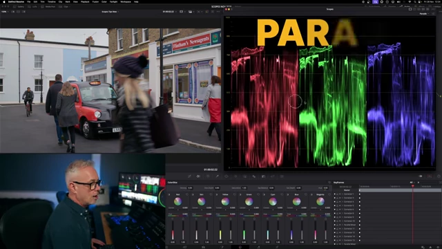 The Parade scope displaying separate red, green, and blue waveforms, useful for identifying specific image areas and color balance.