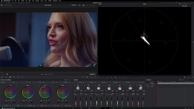 The Vectorscope illustrating how skin tones align with the designated skin tone line, ensuring natural-looking complexions.
