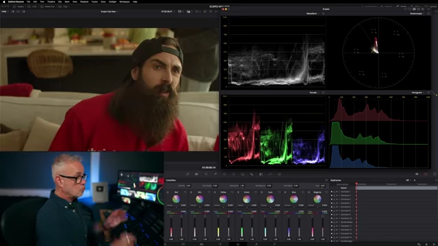 A four-up display of all four color scopes (Waveform, Vectorscope, Parade, Histogram) in DaVinci Resolve, used for comprehensive image analysis.