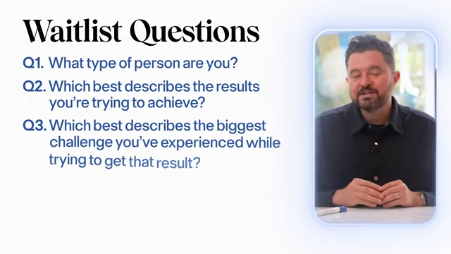 A slide listing the five key questions to ask people joining a waiting list to gather valuable market data.