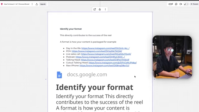 List of various content formats tested, including Day in the life, POV, live sales calls, podcast, and talking head.