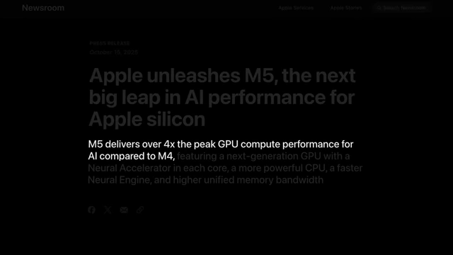 Apple's claim of M5 GPU delivering over 4x peak AI compute compared to M4