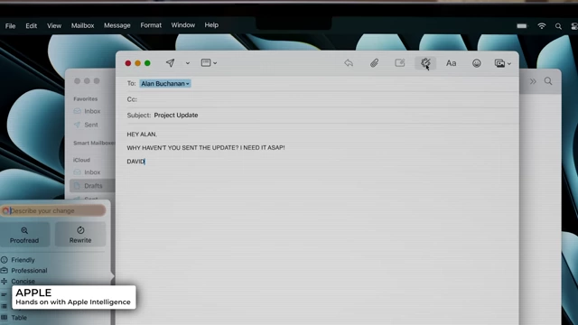 Apple Intelligence rewriting an email on-device